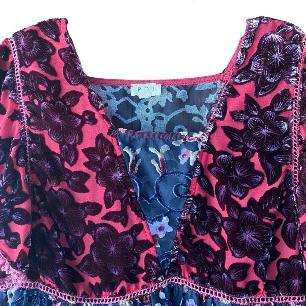 POL Floral Velvet Top Medium Ruffle Short Sleeve Blouse - Picture 7 of 11